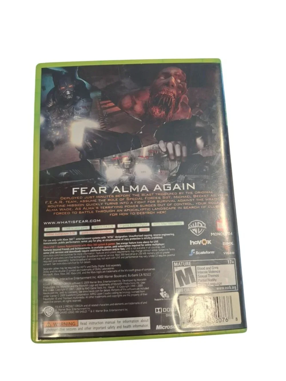 F.E.A.R. 2 Project Origin Xbox 360 2009 WB Horror FPS Shooter CIB